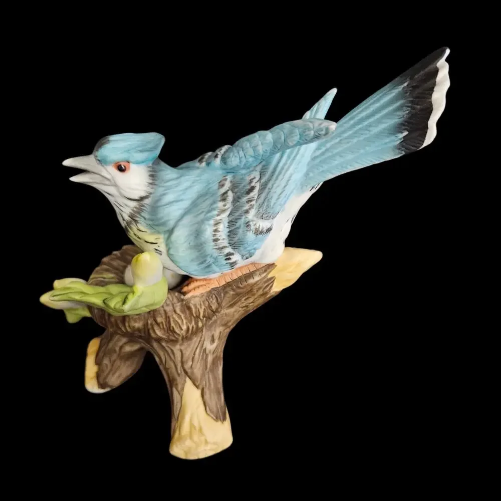 Vintage Blue Jay Bird Nest Eggs Flowers Porcelain Figurine Tree Branch Decor